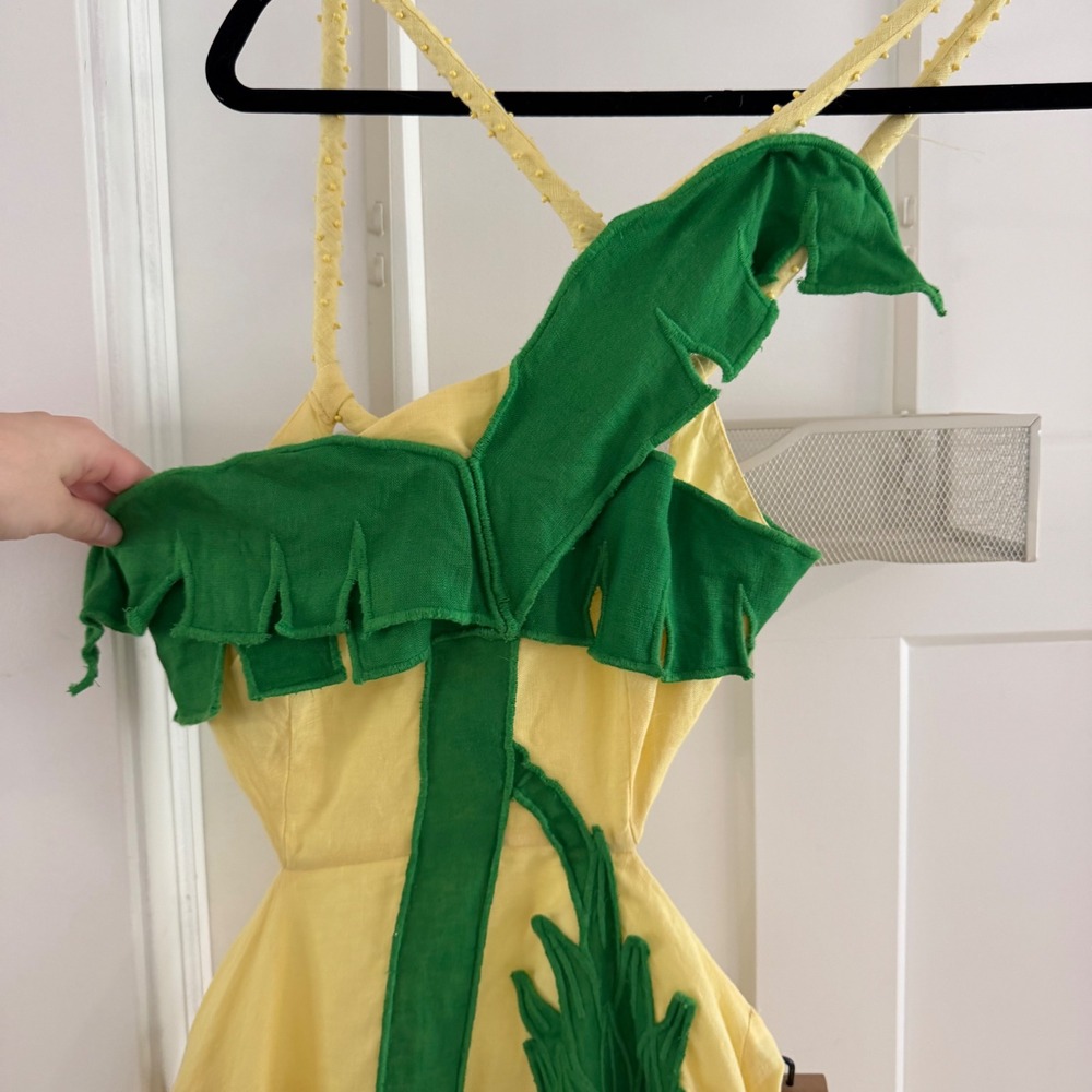 Farm Rio Palm Tree Cutwork Yellow Linen Applique Maxi Dress Maximalist Vacation - Picture 10 of 12